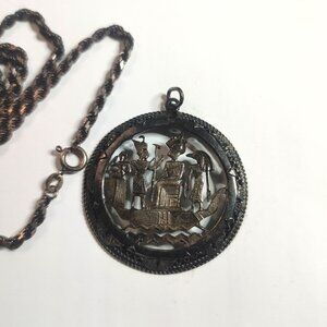 Egyptian Storyteller Round 925 Sterling Silver Vintage with Rope Chain